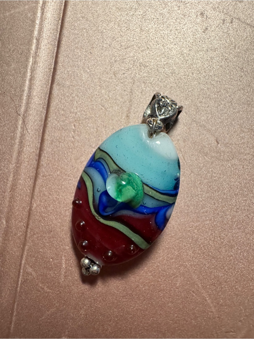Handmade Multicolor Glass Pendant Necklace - Blue, Red & Green